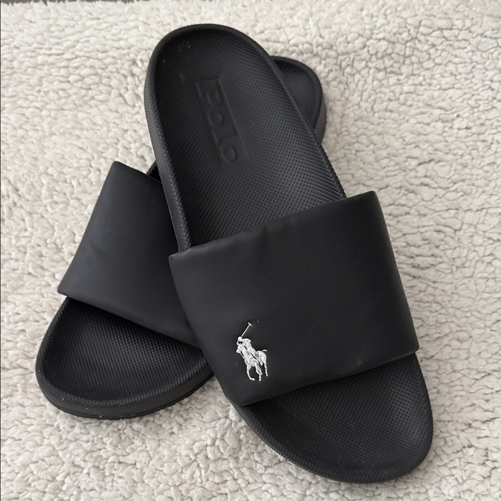 Polo by Ralph Lauren Black Slide Sandals with White Polo Logo